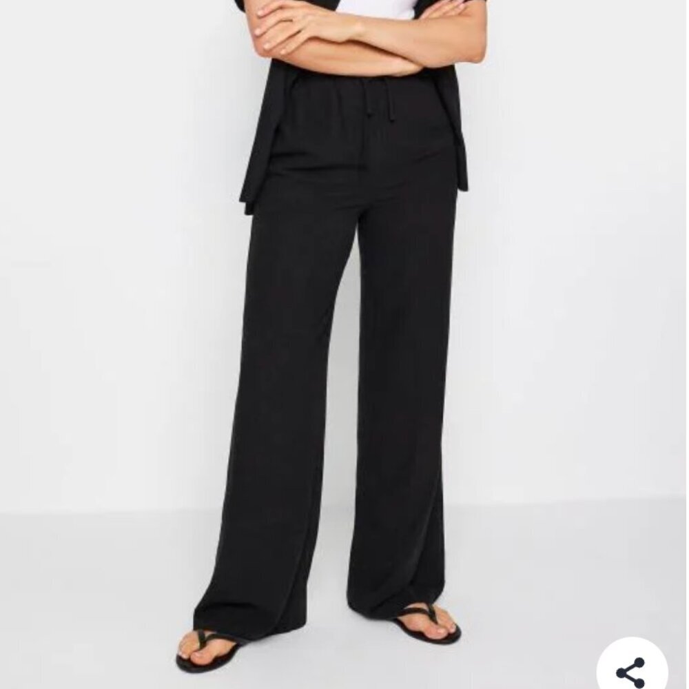 Bae City Womens Plus Size 1X Wide Leg Linen Blend Pant Black High Rise AL231025X